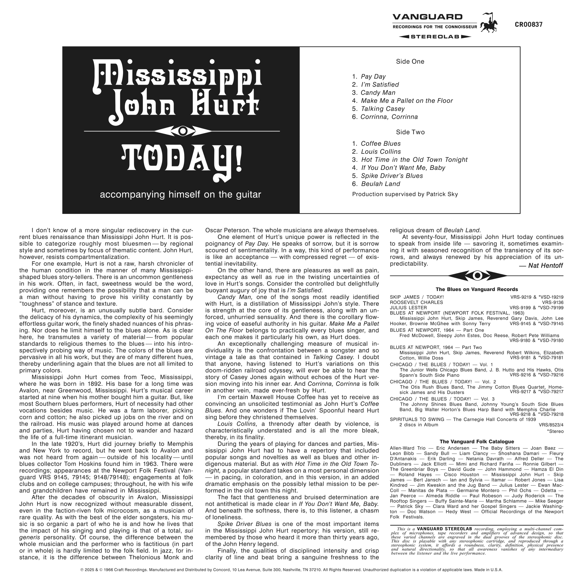 Mississippi John Hurt - Today! - Bluesville Acoustic Sound Series LP - VINYL