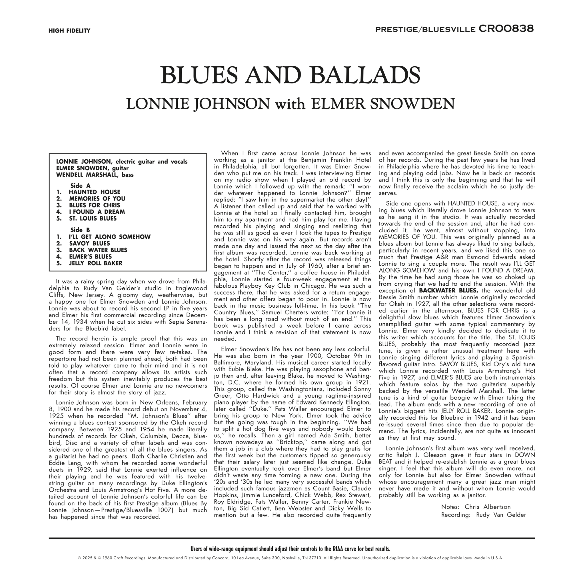 Lonnie Johnson - Blues & Ballads - Bluesville Acoustic Sound Series LP - VINYL