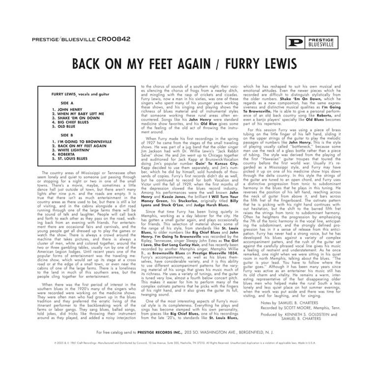 Furry Lewis - Back on My Feet Again - Bluesville Acoustic Sounds Series LP - VINYL