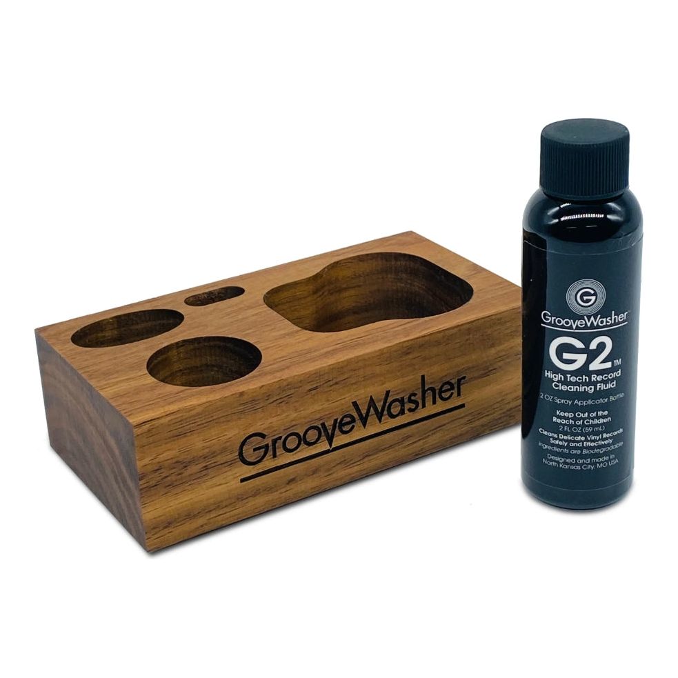GrooveWasher - Walnut Display Block + 2 oz G2 Fluid Bottle