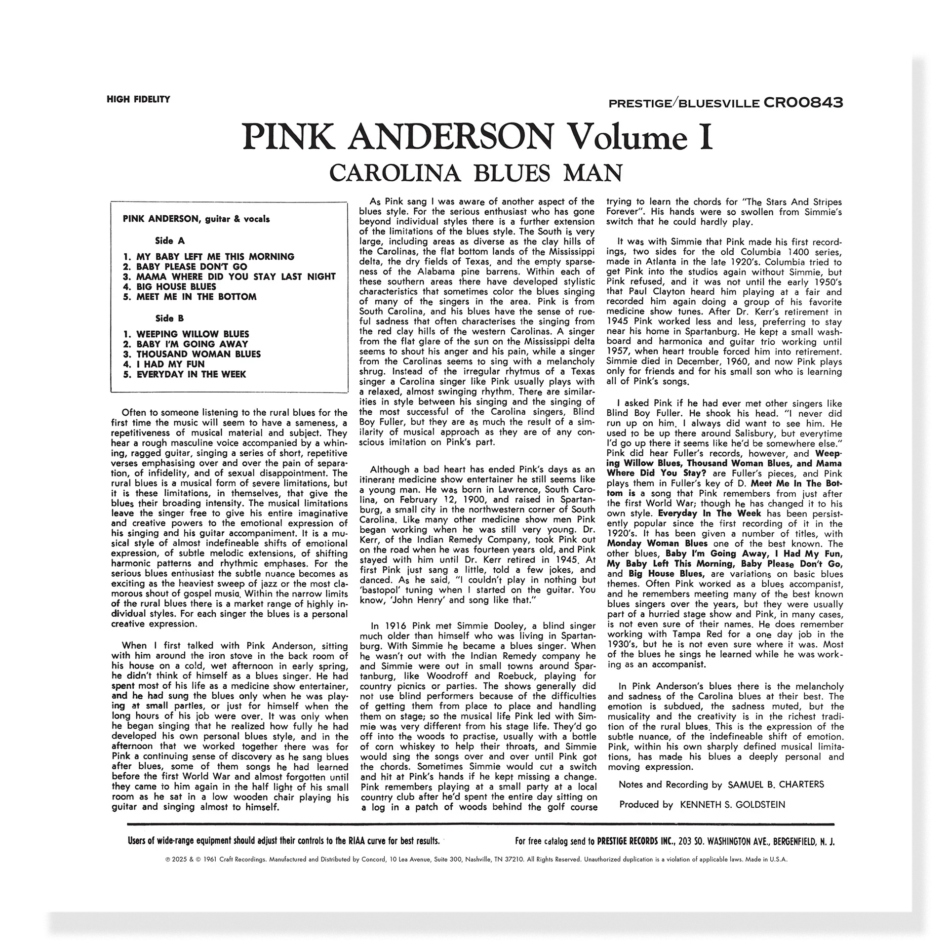 Pink Anderson - Volume 1: Carolina Blues Man - Bluesville Acoustic Sounds Series LP - VINYL